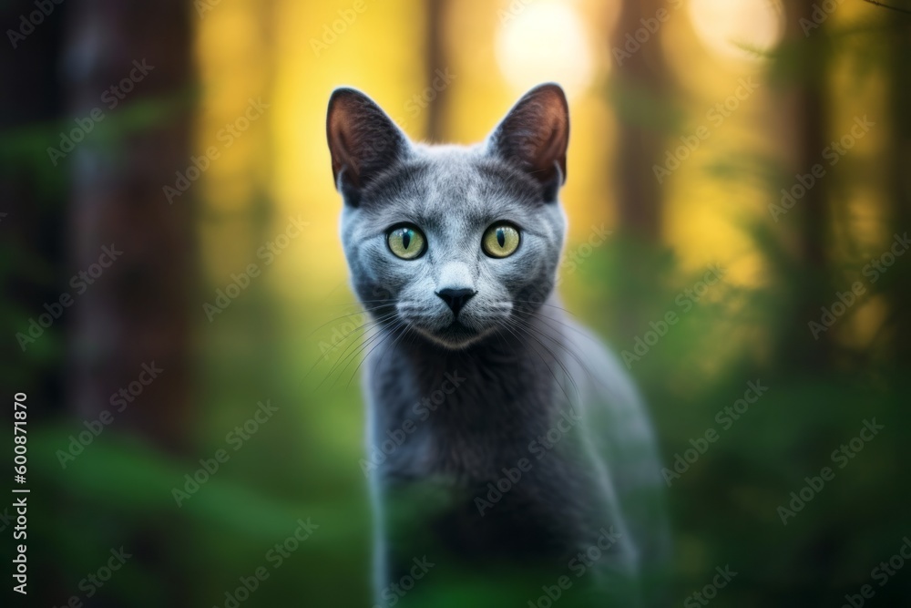 Environmental portrait photography of a happy russian blue cat exploring against a forest background. With generative AI technology