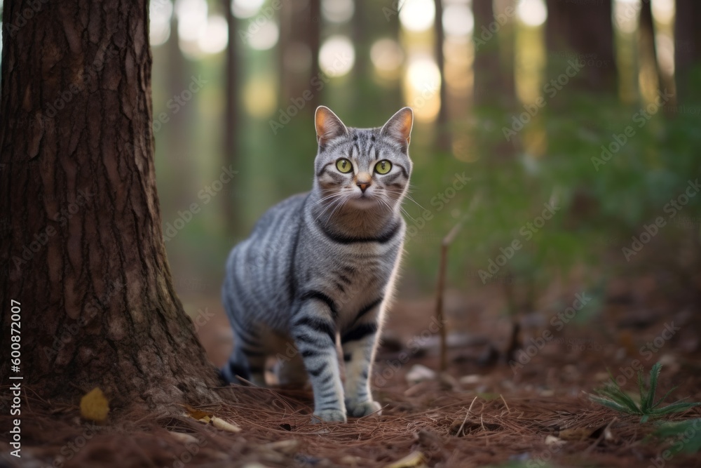 Full-length portrait photography of a curious american shorthair cat eating against a forest background. With generative AI technology