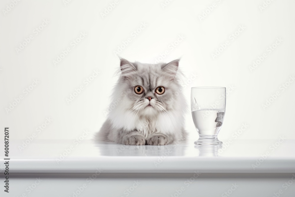 Studio portrait photography of a scared persian cat drinking against a minimalist or empty room background. With generative AI technology