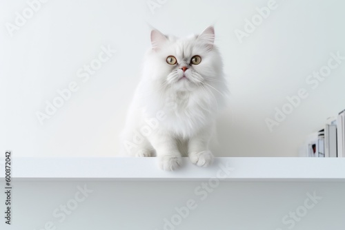 Environmental portrait photography of a smiling persian cat climbing against a minimalist or empty room background. With generative AI technology