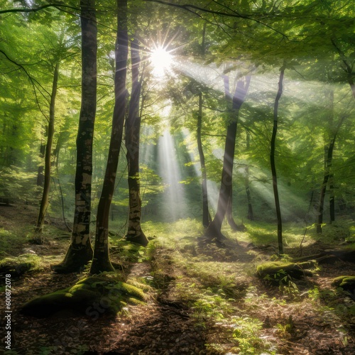 Sunrays shine through a deciduous forest in spring time created with Generative AI