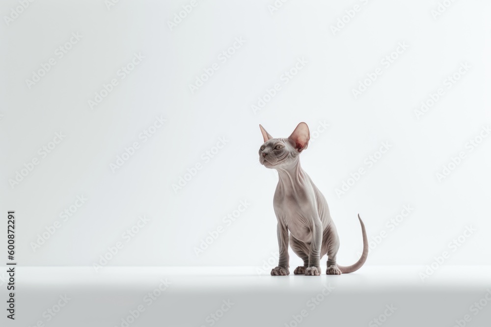 Environmental portrait photography of a happy sphynx cat playing against a minimalist or empty room background. With generative AI technology