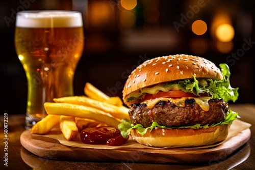 Delicious Comfort Food: Close-Up of a Mouthwatering Handmade Hamburger and Beer