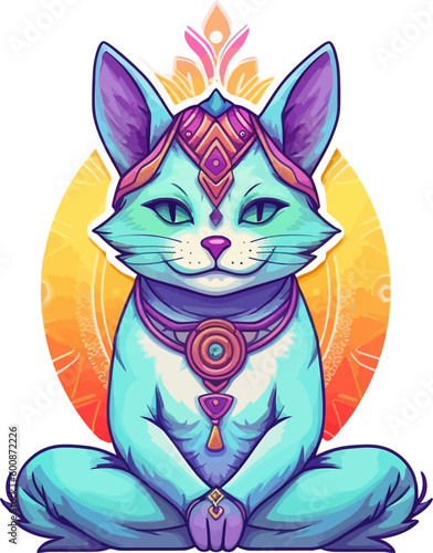 Meditating cat sticker. Isolated vector illustration of anthropomorphic yogi kitten in colorful psychedelic cartoon style