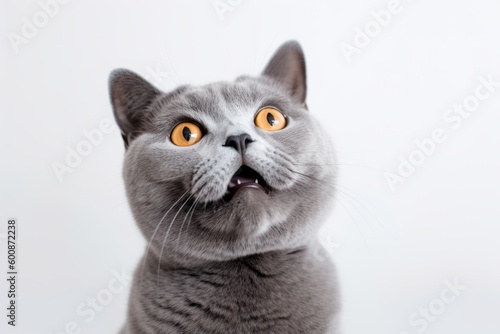 Headshot portrait photography of a curious british shorthair cat begging for food against a minimalist or empty room background. With generative AI technology