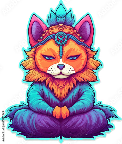 Meditating cat sticker. Isolated vector illustration of anthropomorphic yogi kitten in colorful psychedelic cartoon style
