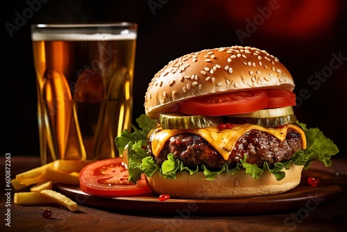 Handmade Hamburger and beer at the bar, close up angle