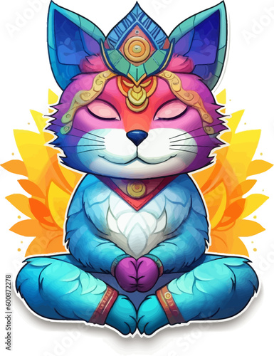 Meditating cat sticker. Isolated vector illustration of anthropomorphic yogi kitten in colorful psychedelic cartoon style