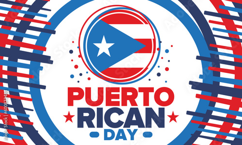 Puerto Rican Day. National happy holiday. Festival and parade in honor of independence and freedom. Puerto Rico flag. Latin american country. Patriotic elements. Vector poster illustration