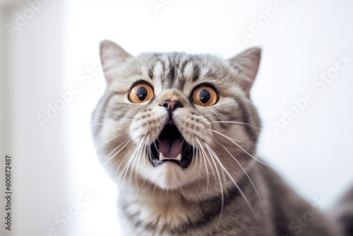 Medium shot portrait photography of an angry scottish fold cat murmur meowing against a minimalist or empty room background. With generative AI technology © Markus Schröder