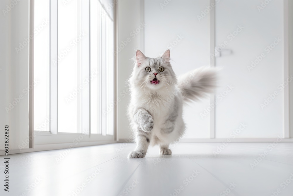 Full-length portrait photography of a smiling neva masquerade cat pouncing against a minimalist or empty room background. With generative AI technology