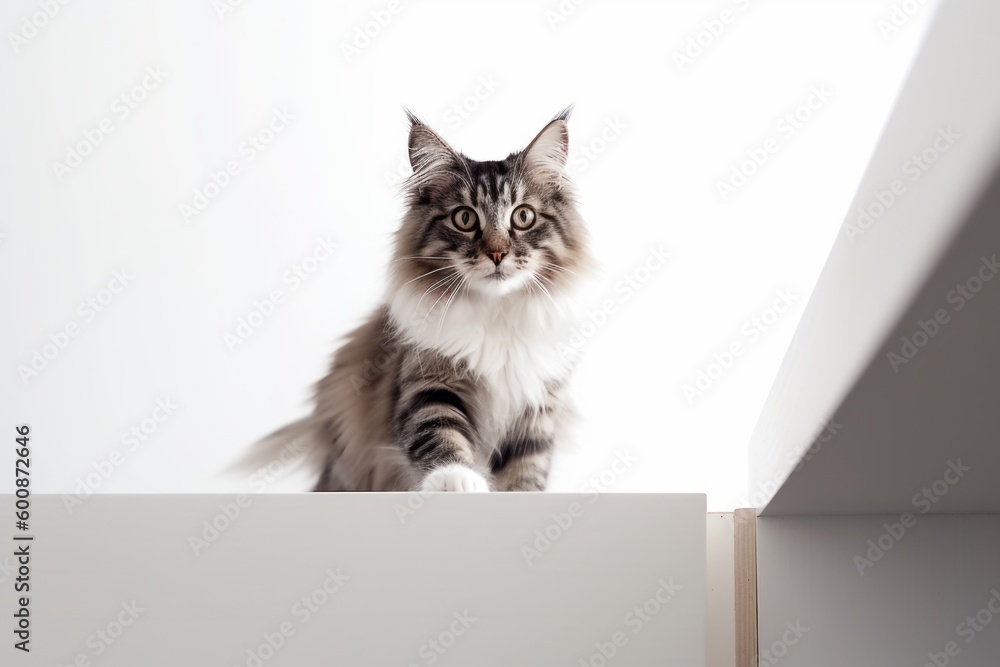 Lifestyle portrait photography of a happy norwegian forest cat climbing against a minimalist or empty room background. With generative AI technology