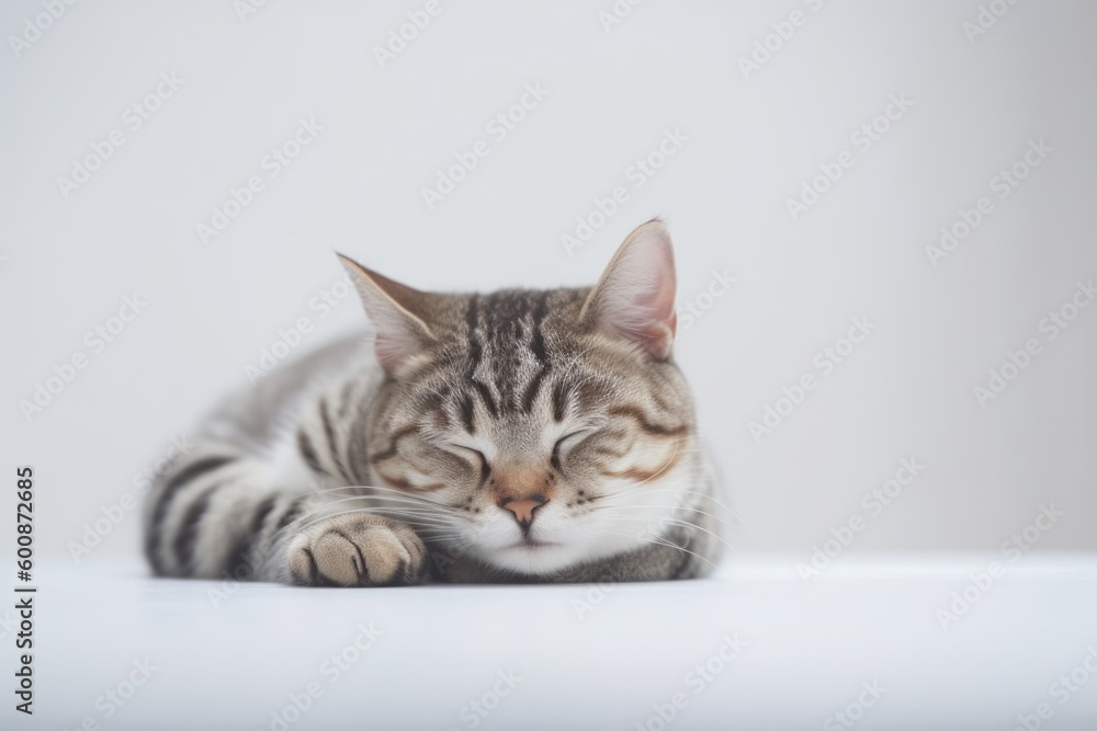 Medium shot portrait photography of a happy american shorthair cat sleeping against a minimalist or empty room background. With generative AI technology Medium shot portrait photography of a happy american shorthair cat sleeping against a minimalist or empty room background. With generative AI technology