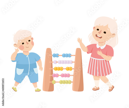 Happy girl and boy counting on wooden abacus. Joyful kids brother and sister playing together or learning math cartoon vector illustration