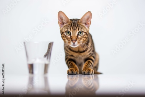 Environmental portrait photography of a happy ocicat drinking against a minimalist or empty room background. With generative AI technology