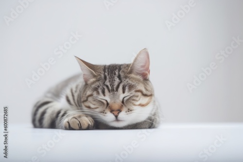 Medium shot portrait photography of a happy american shorthair cat sleeping against a minimalist or empty room background. With generative AI technology © Markus Schröder