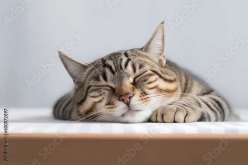 Medium shot portrait photography of a happy american shorthair cat sleeping against a minimalist or empty room background. With generative AI technology