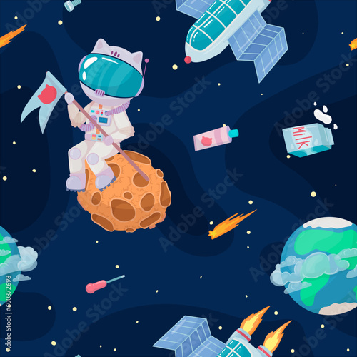 Cosmonaut in outer space. UFOs, spaceships, rockets. Solar system, intergalactic travel. Galaxies, planets, asteroids, comets, shooting stars. Vector illustration in cartoon style on  background.
