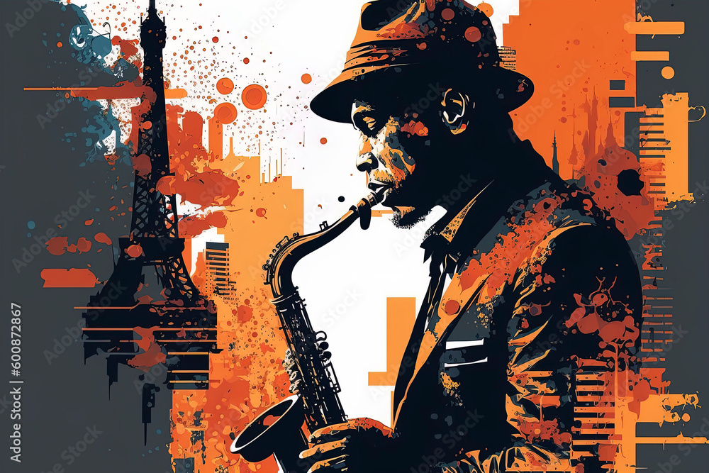 Jazz saxophone player in Paris illustration for jazz poster, african american jazz musician playing the saxophone, saxophone player in front of the eiffel tower, generative ai