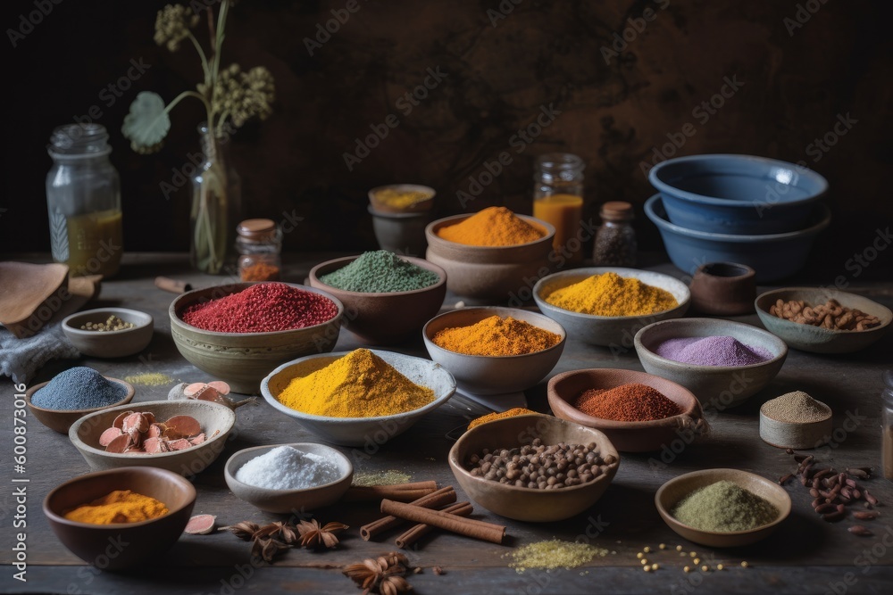 A lineup of Ayurvedic superfoods like turmeric, ashwagandha, brahmi and amalaki. Styled as colorful remedies to support health and longevity. Generative AI A lineup of Ayurvedic superfoods like turmeric, ashwagandha, brahmi and amalaki. Styled as colorful remedies to support health and longevity. Generative AI