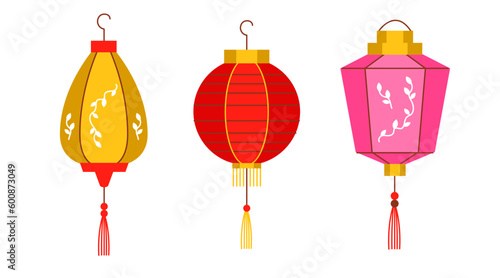 A set of Chinese paper lanterns. Asian interior decor. Buddhist attributes in temples in Vietnam and Thailand