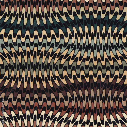 Striped composition of horizontal multicolored zigzag wavy lines. Modern ethnic design. Black and brown decorative background. Graphic textile texture. Seamless geometric pattern. Vector image. 