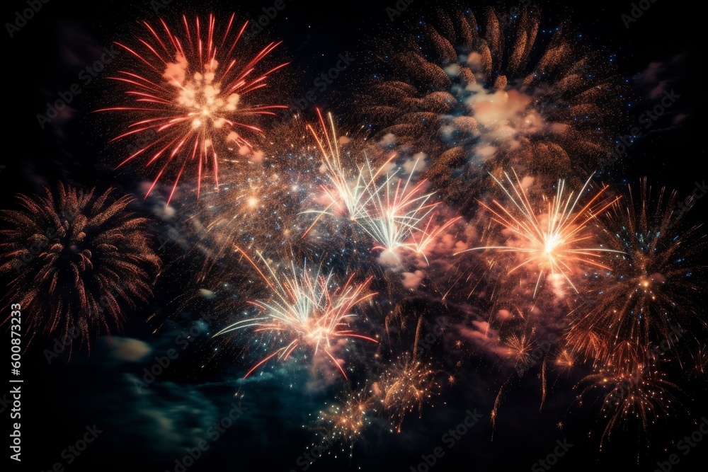 Firecrackers bursting in midair against a night sky filled with stars. Convey the exhilaration and spectacle of fireworks that ring in the new year. Generative Ai