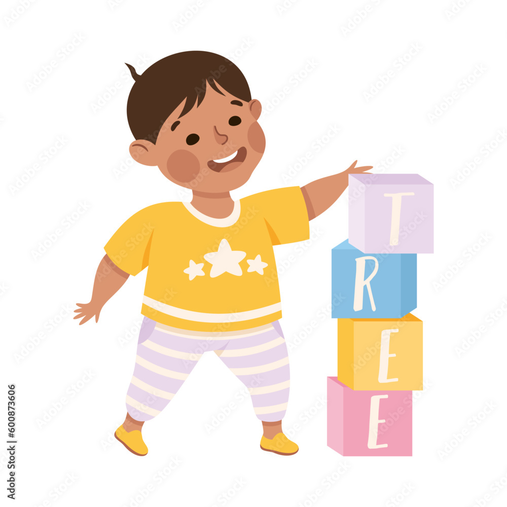 Little boy playing toy blocks. Happy kid playing toys cartoon vector illustration Little boy playing toy blocks. Happy kid playing toys cartoon vector illustration
