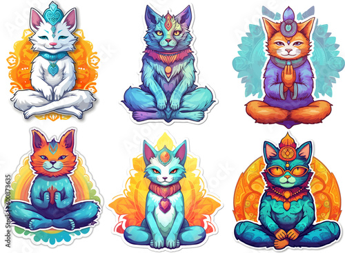 Set of meditating cat stickers. Collage of isolated vector illustrations of anthropomorphic yogi kittens colorful psychedelic cartoon style