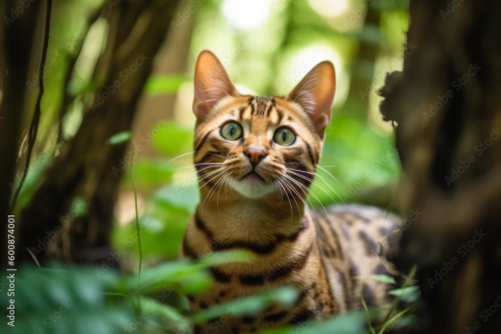 Medium shot portrait photography of a smiling bengal cat corner rubbing against an enchanting forest. With generative AI technology Medium shot portrait photography of a smiling bengal cat corner rubbing against an enchanting forest. With generative AI technology