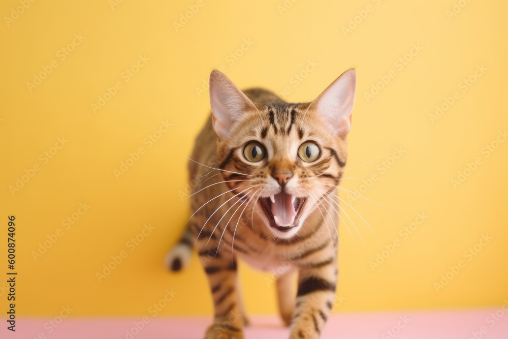 Medium shot portrait photography of an angry bengal cat pouncing against a pastel or soft colors background. With generative AI technology