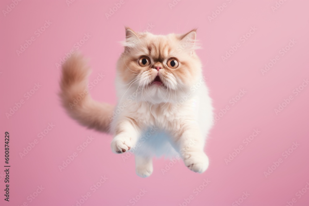 Environmental portrait photography of a scared exotic shorthair cat jumping against a pastel or soft colors background. With generative AI technology Environmental portrait photography of a scared exotic shorthair cat jumping against a pastel or soft colors background. With generative AI technology