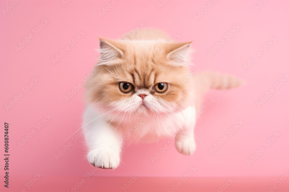 Lifestyle portrait photography of an angry exotic shorthair cat hopping against a pastel or soft colors background. With generative AI technology