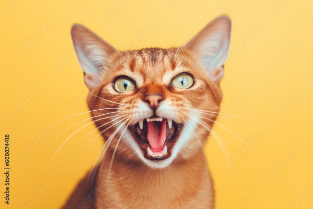 Lifestyle portrait photography of a curious abyssinian cat meowing against a pastel or soft colors background. With generative AI technology Lifestyle portrait photography of a curious abyssinian cat meowing against a pastel or soft colors background. With generative AI technology