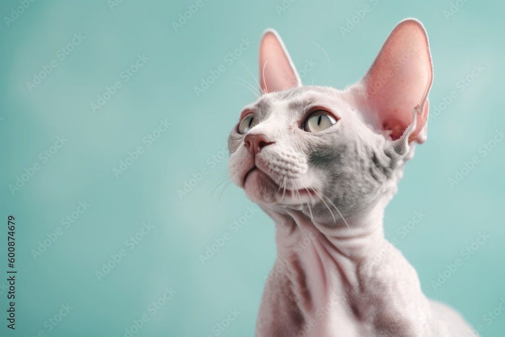 Medium shot portrait photography of a happy devon rex cat skulking against a pastel or soft colors background. With generative AI technology
