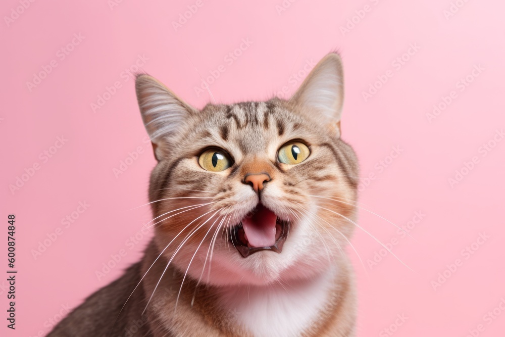 Studio portrait photography of an angry tabby cat investigating against a pastel or soft colors background. With generative AI technology Studio portrait photography of an angry tabby cat investigating against a pastel or soft colors background. With generative AI technology