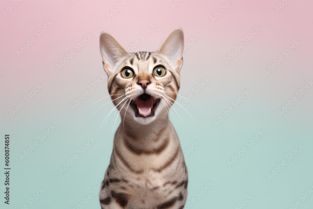 Lifestyle portrait photography of a smiling ocicat jumping against a pastel or soft colors background. With generative AI technology