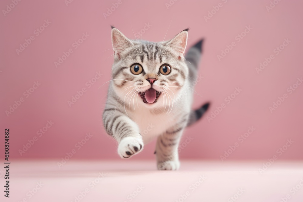 Medium shot portrait photography of a happy manx cat running against a pastel or soft colors background. With generative AI technology Medium shot portrait photography of a happy manx cat running against a pastel or soft colors background. With generative AI technology