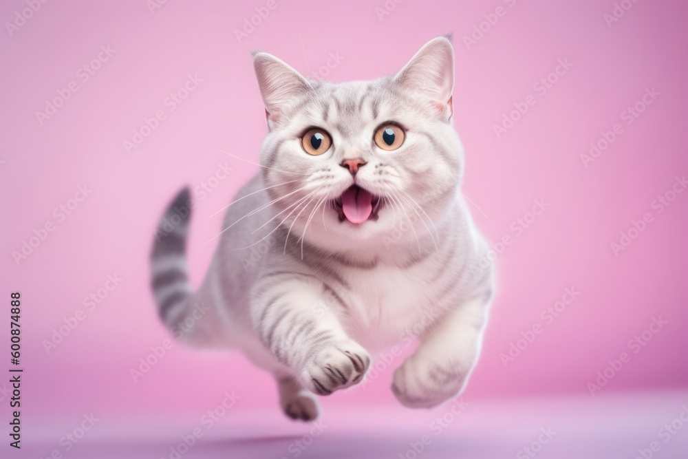 Medium shot portrait photography of a happy manx cat running against a pastel or soft colors background. With generative AI technology
