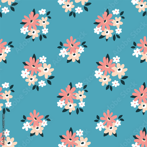 Seamless floral pattern, cute ditsy print with small bouquets. Pretty botanical design for fabric, paper: small hand drawn flowers, tiny leaves on a blue background. Vector illustration.
