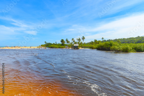 Meeting of the waters of the Trancoso River with the seawater. Nativos Beach with a view of Coqueiros Beach, beautiful beaches in Brazil, and the natural beauty of Bahia, Brazil.
