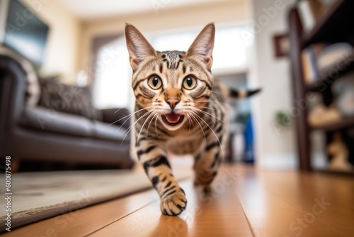 Lifestyle portrait photography of a curious savannah cat pouncing against a cozy living room background. With generative AI technology