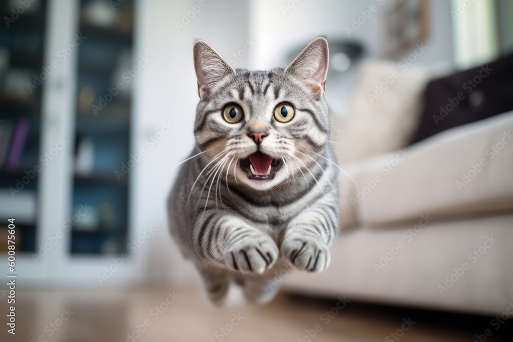 Headshot portrait photography of a smiling american shorthair cat jumping against a cozy living room background. With generative AI technology Headshot portrait photography of a smiling american shorthair cat jumping against a cozy living room background. With generative AI technology