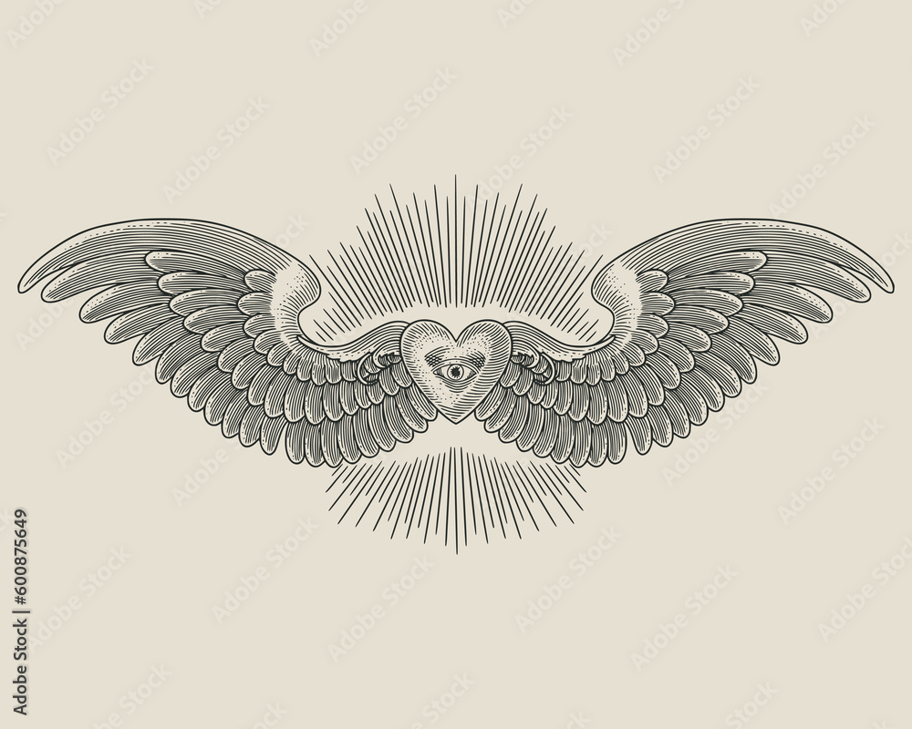 heart with wings and eye. vintage engraving vector illustration - obrazy, fototapety, plakaty 