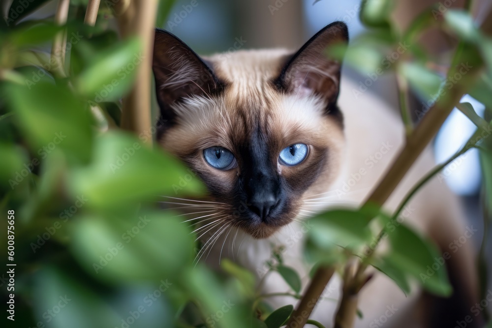 Headshot portrait photography of a smiling siamese cat exploring against an indoor plant. With generative AI technology