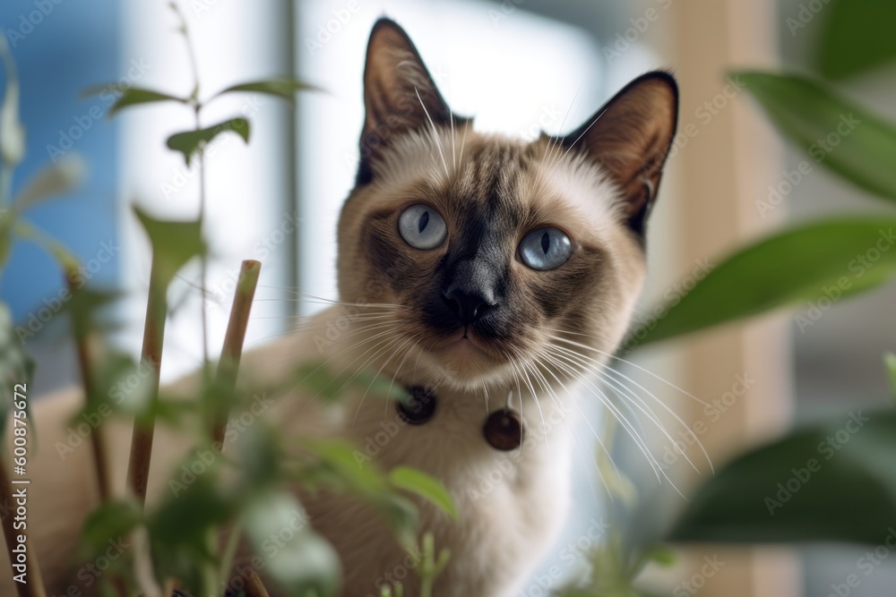Medium shot portrait photography of a curious siamese cat scratching against an indoor plant. With generative AI technology Medium shot portrait photography of a curious siamese cat scratching against an indoor plant. With generative AI technology