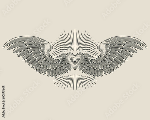 heart with wings and eye. vintage engraving vector illustration