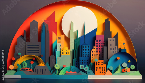 Papercut City Diorama. Colorful Origami Skyline. Ubran Cityscape illustration. Generative AI photo