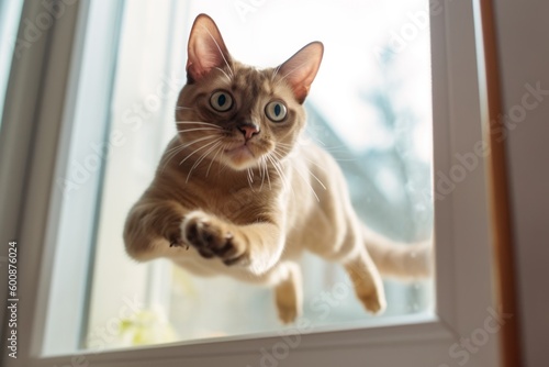 Close-up portrait photography of a curious burmese cat jumping against a bright window. With generative AI technology