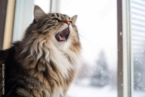 Medium shot portrait photography of a happy norwegian forest cat whisker twitching against a bright window. With generative AI technology